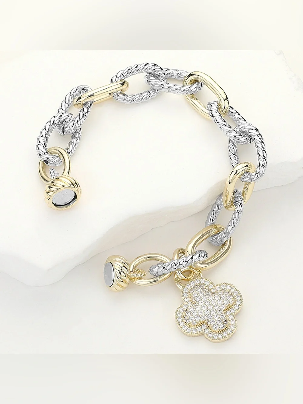 14K Gold Plated Two Tone CZ Stone Paved Quatrefoil Charm Magnetic Bracelet